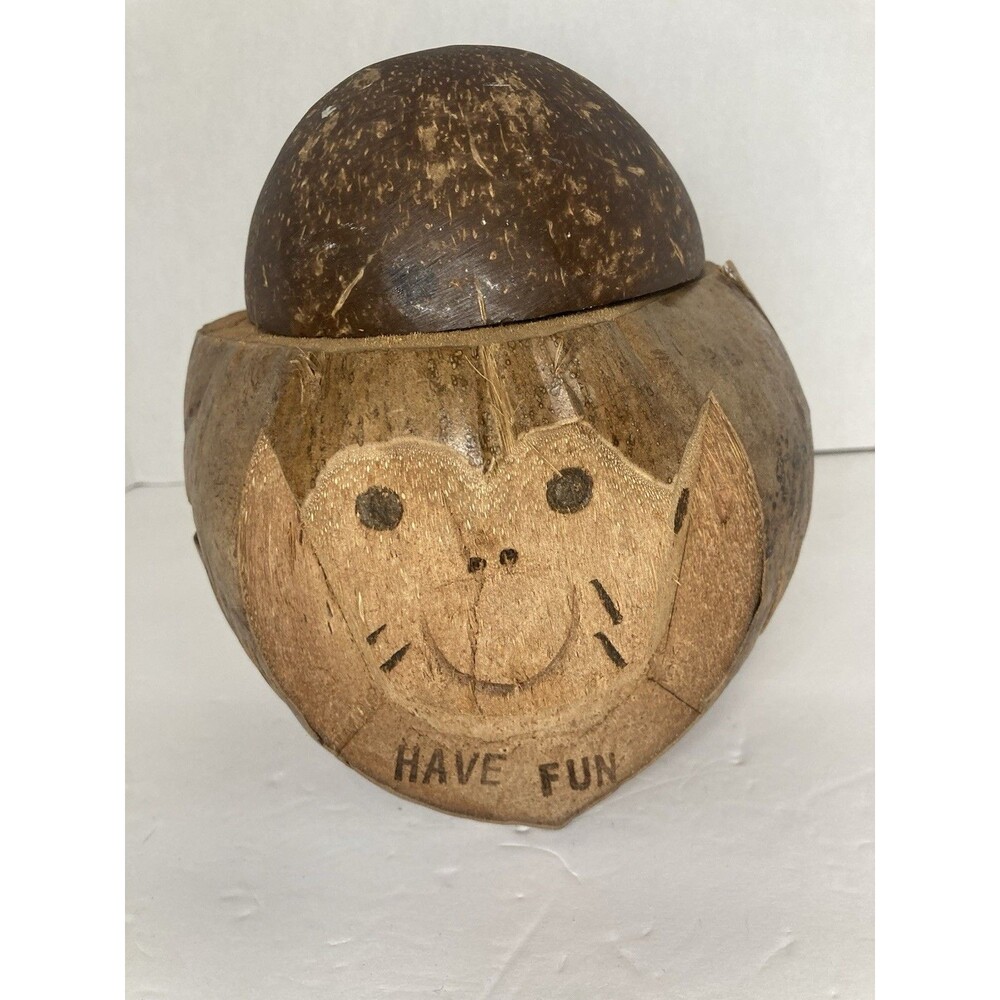 Hawaiian Hand Carved Coconut Monkey Bank Coin Bank Tiki Kitsch Decor Tropical